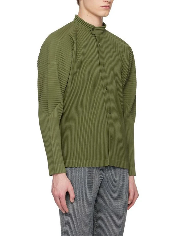 [BOMP] 2024 autunno uomo camicia a maniche lunghe pieghettata con Texture colletto in piedi Cardigan Casual autunno nuova giacca nuova moda