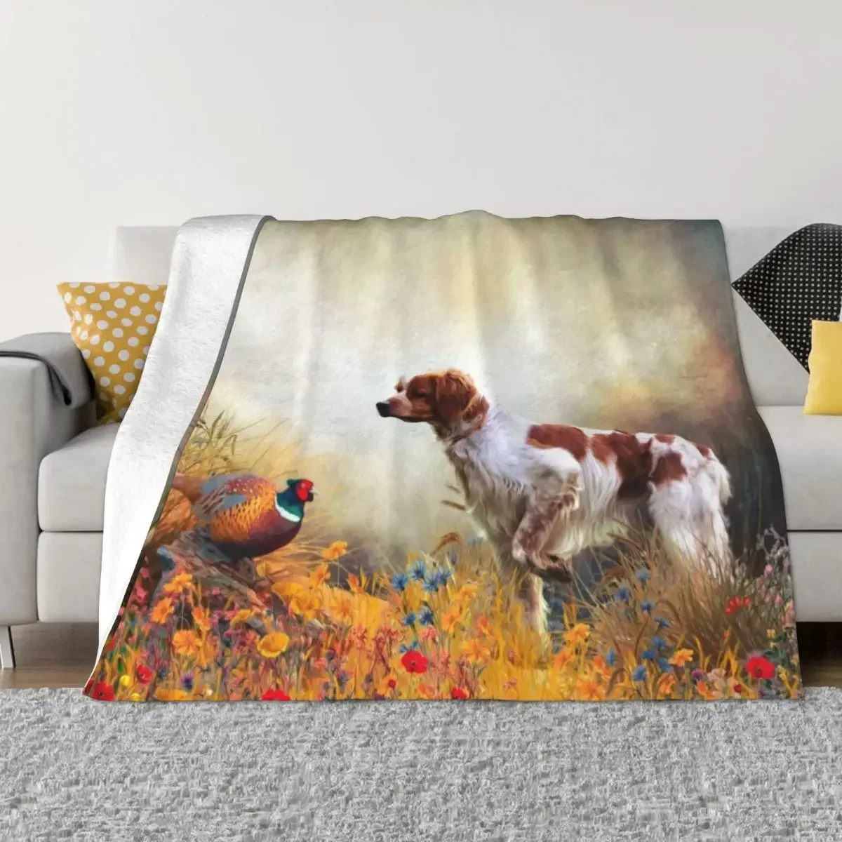 Brittany Spaniel , hunting pheasant Throw Blanket Luxury Brand Luxury Throw Blankets