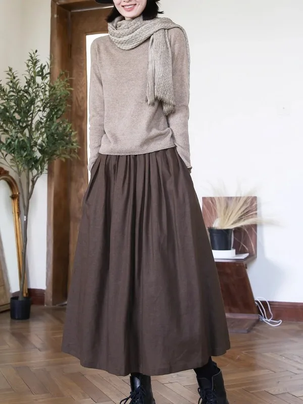 Artistic Vintage  Color Cotton Linen A-Line Midi Skirt Versatile Women's Autumn New Style Label Removed Half-length Skirt