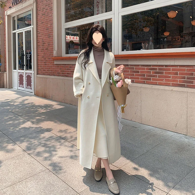 Autumn and winter medium and long double-sided woolen coat women's beige high-end French small woolen coat