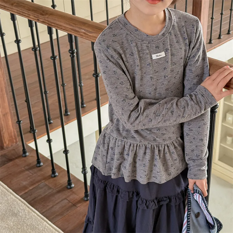 Autumn Girls Allover Blue Floral Tee Beige Grey - Ribbed Crew Neck Flounce Hem Soft Cotton Blend Basic Layering Top