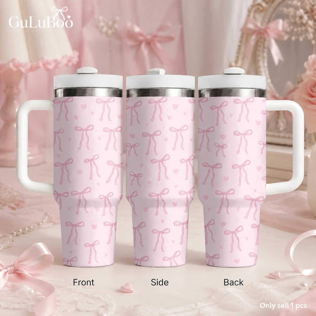 Pastel Bow Heart Prints Vacuum Flasks 40oz Stainless Steel Insulated Tumbler With Handle & Straw Leakproof Travel Mug