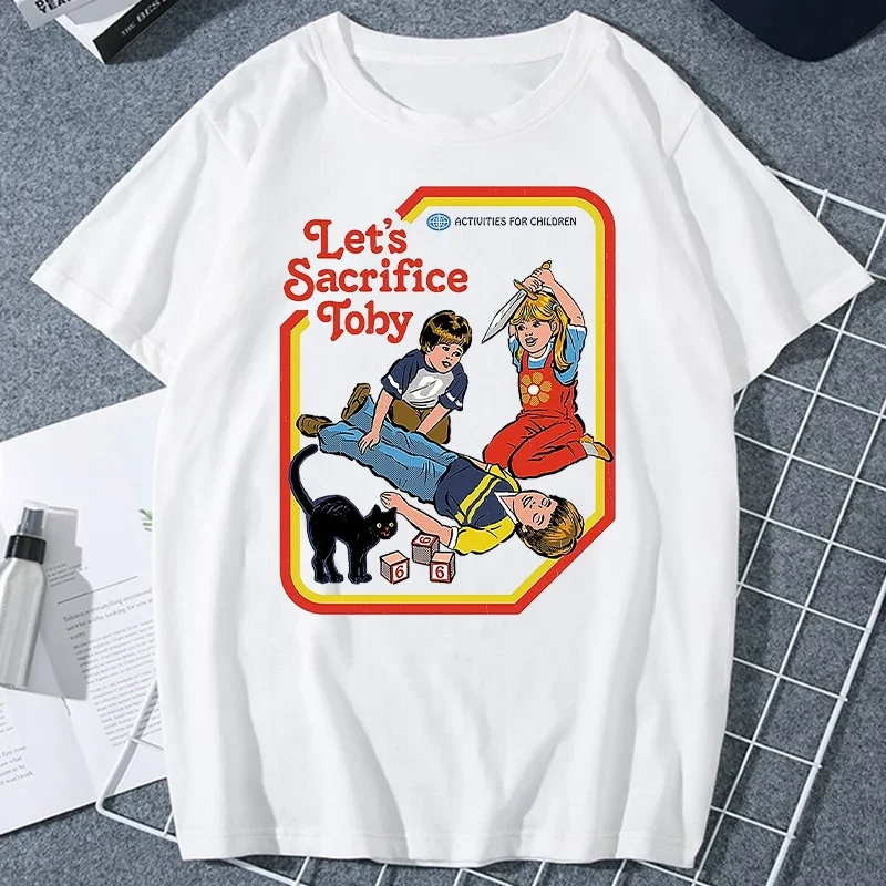 Vamos sacrificar Toby Horror Satanist T-shirt gráfica, exclusivo criativo Cartoon Print Tops, Unisex assustador Tee, transporte da gota