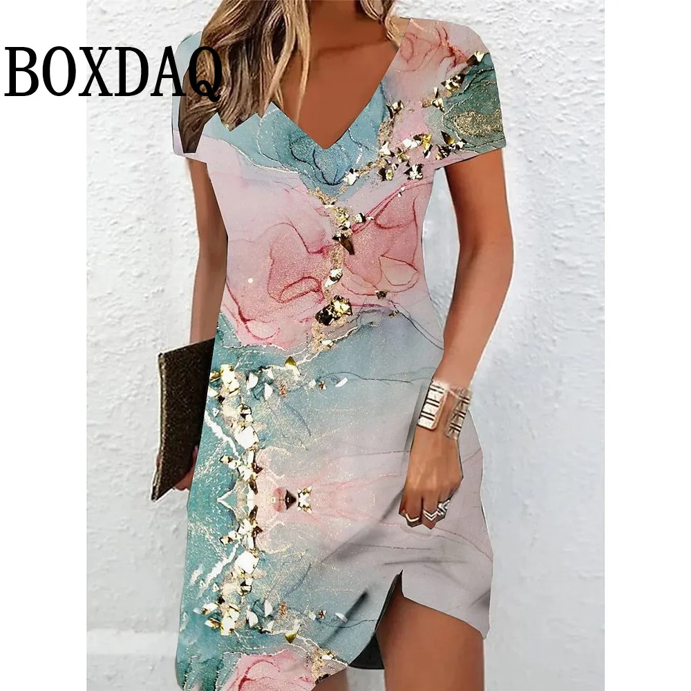 

Elegant Women's Midi Dresses 2025 New Summer Fashion V-Neck 3D Printed Dress Casual Tie Dye Gradient Loose A-Line Dress Vestidos