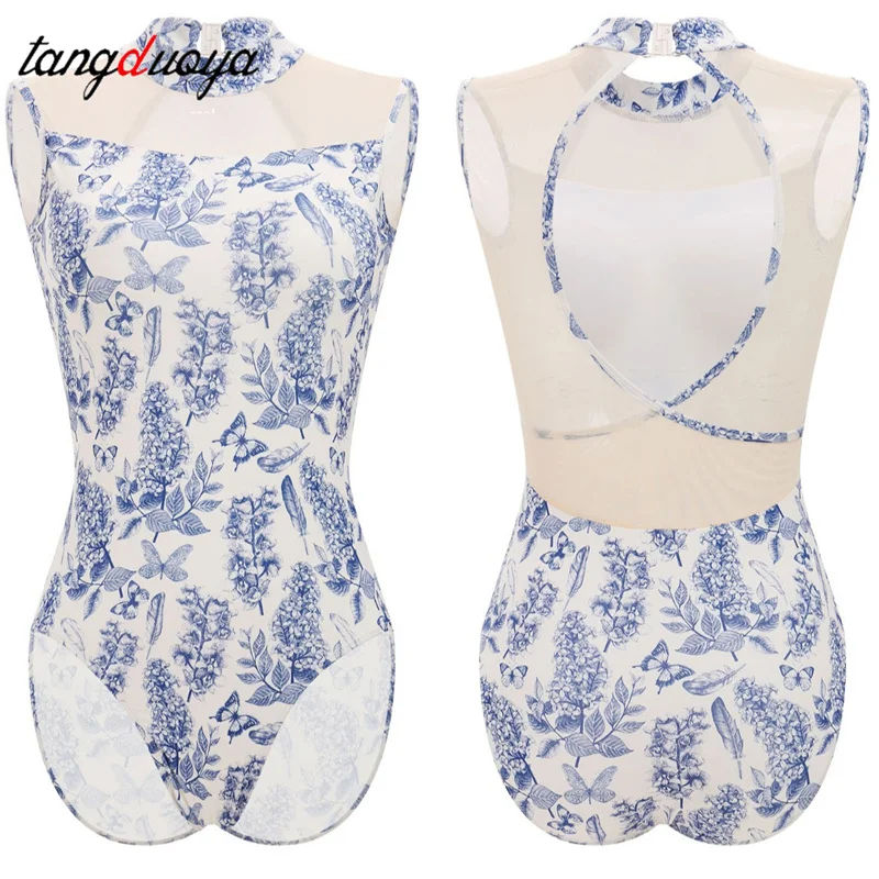 Women Ballet Leotards Printed Vest Sleeveless Dance Leotard Adult Mesh Splicing Gymnastics Bodysuit Ballet Swimwear