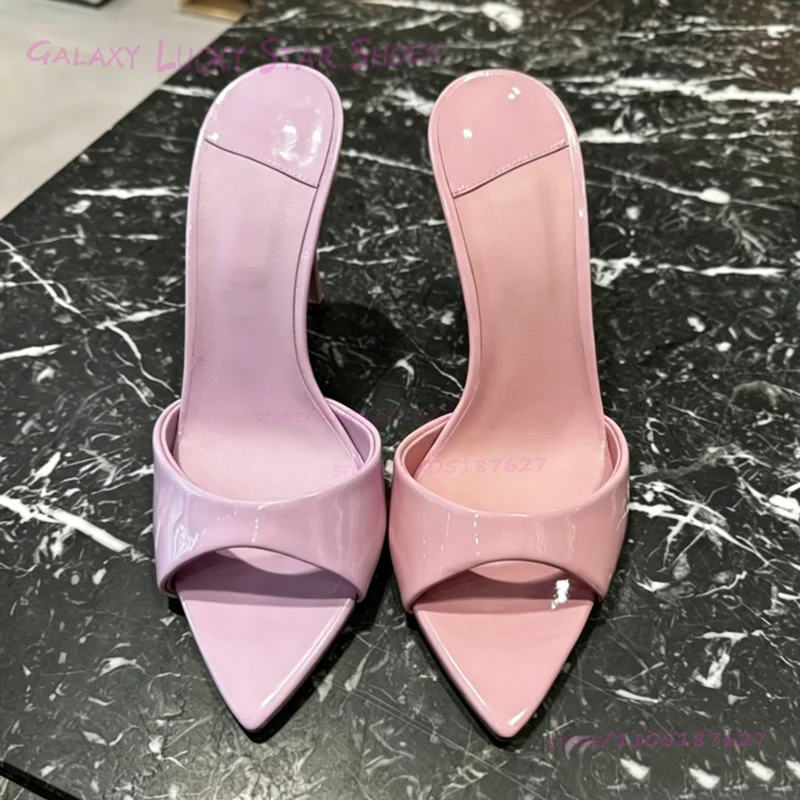 

Light Pinkish Purple Sugarbaby Open Stiletto Sandals Cute Girl Sandals Fuchsia Patent Leather Shiny Beach Heel Pointed Slip Shoe