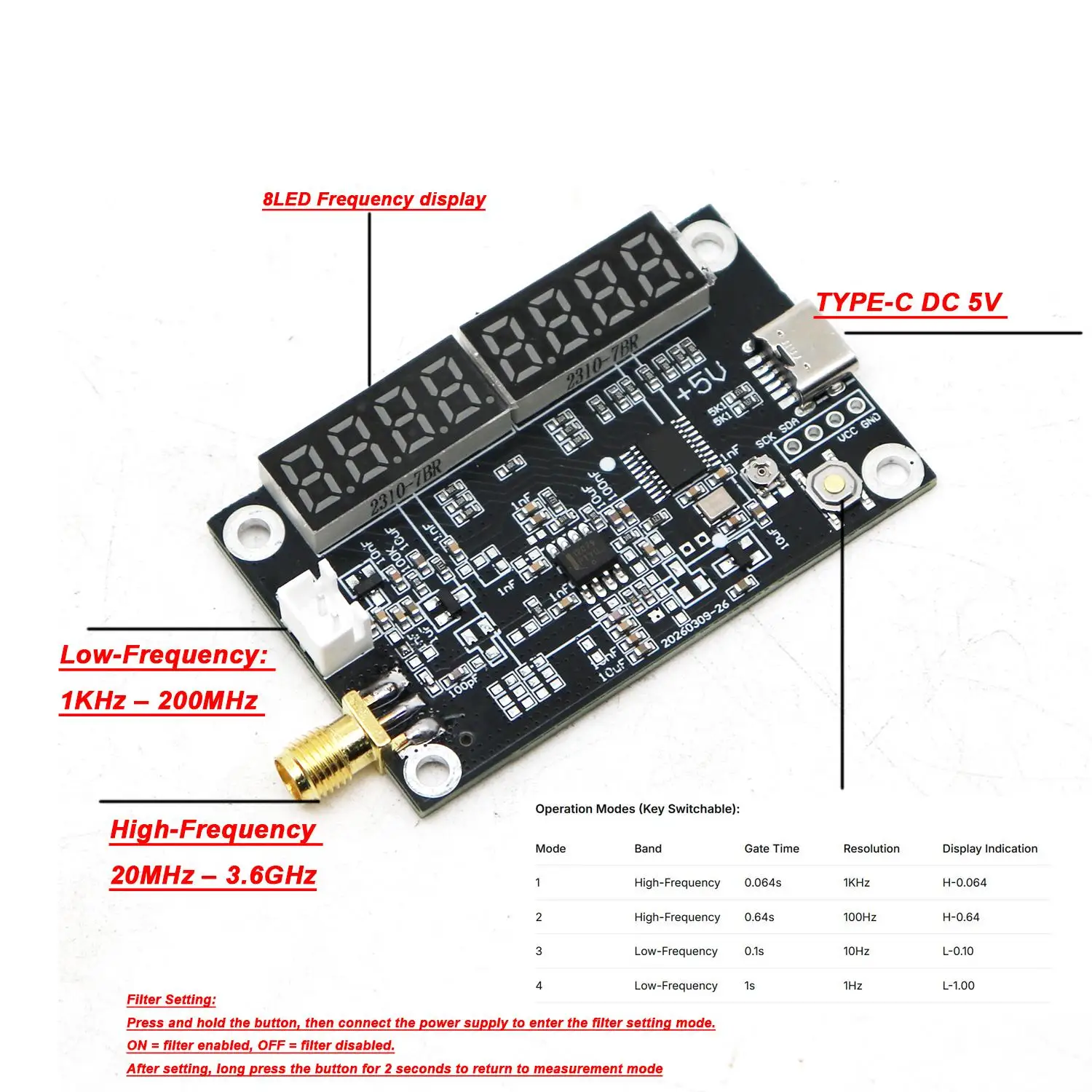 DYKB 1KHz-3.6GHz Frequency Counter Cymometer 8LED RF Signal Tester Low High Meter Display Measurement Ham Radio Amp Analyzer