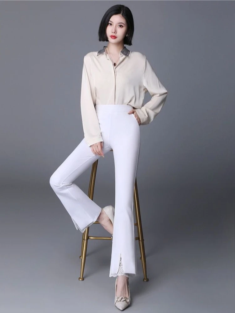 

Elegant Women's Flared Suit Pants for Short Stature Spring Summer Ankle Length Bodycon Tummy Control Fashionable Slit Trousers