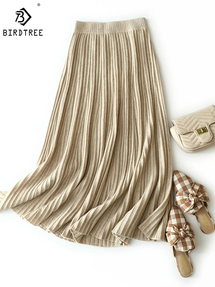 

Birdtree 100%Goat Cashmere Warm Skirt Women Fashion Elegant High Waist Pleated Skirts Office Lady Party Fall Winter New B3N656QM