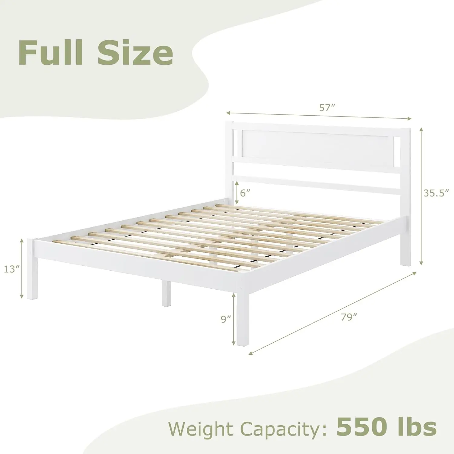 Wood Full Size Bed Frame with Headboard, Modern Solid Wood Platform Bed with Wooden Slats Support, No Box Spring Needed