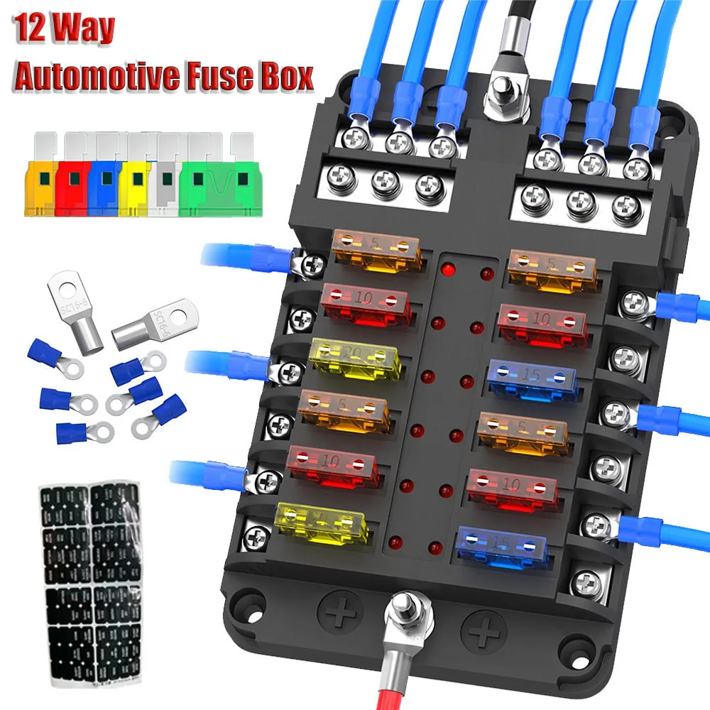 

12 Way Blade Fuse Box 12V-32V Car Boat Truck Fuse Box Holder with LED Indicator Waterproof Cover Automotive Circuit Fuse Block
