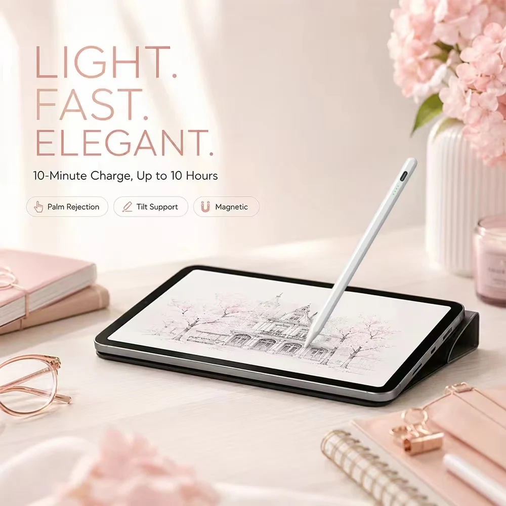 

Light Fast Elegant Stylus Pen For iPad Pro Air Mini 6 10th Gen Type C Fast Charge 10 Hours Use Palm Rejection Tilt Magnetic Tool
