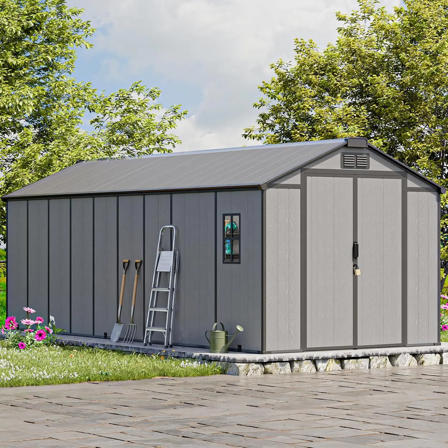 8x20 FT Resin Outdoor Storage Shed with Floor & Steel Reinforcement, Customized