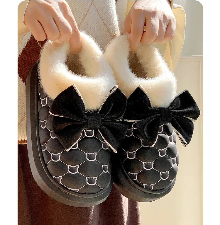 

Platform Ankle Boots Female Bowknot Designer Winter Snow Booties Indoor Fluffy Slippers Women House Flats Fashion Footwear Warm