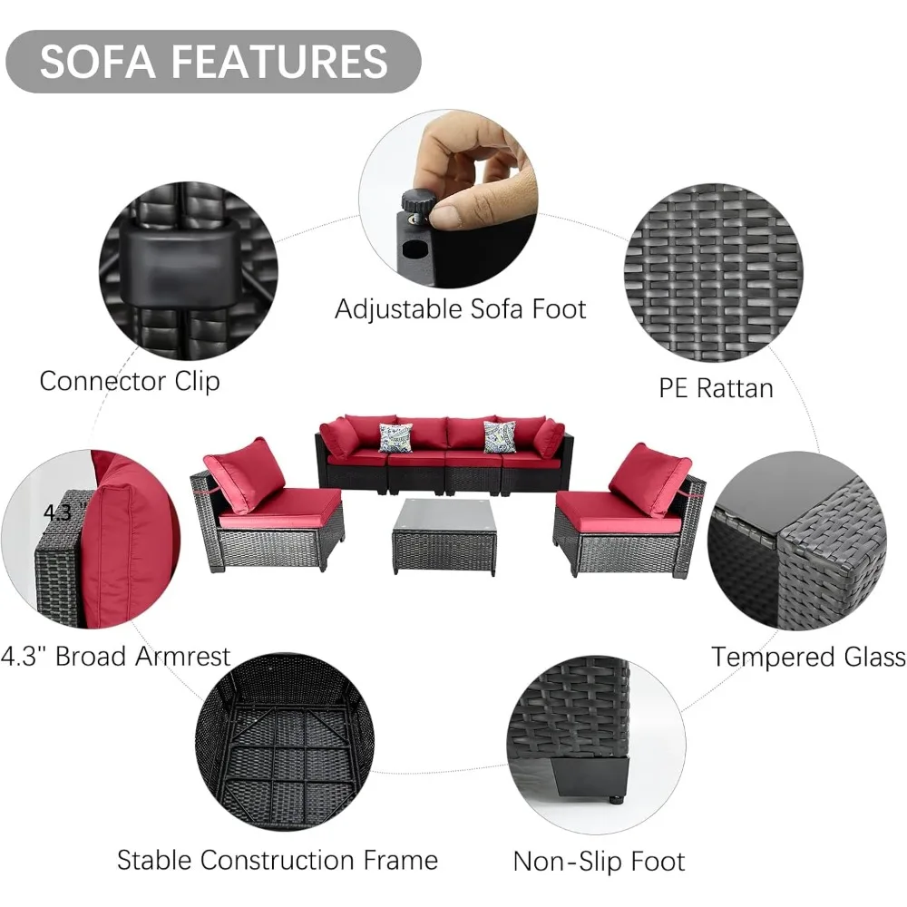 7 Piece Patio Furniture Set, All-Weather Wicker Outdoor Conversation Set with Sectional Sofa, Rattan PE Wicker Seating