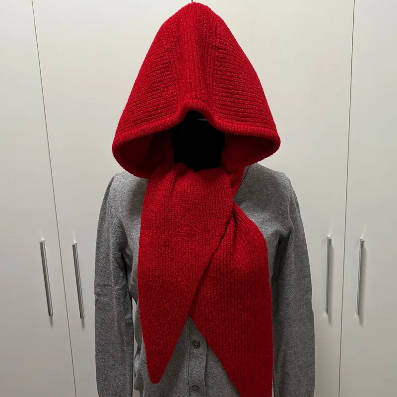 Women Hooded Knit Scarf Wool Blend Integrated Hat Scarf 2‑in‑1 Knitted Neck Warmer Winter Warm Hood Scarf Solid Color Wrap Shawl
