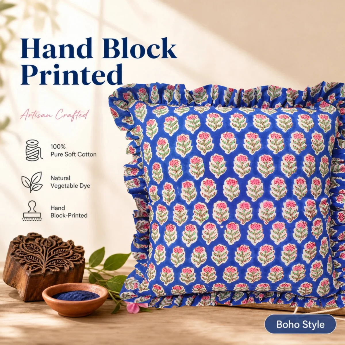 Set of 2 Indian Block Print Cotton Frill Cushion Throw Cover 100% Cotton Ruffle Couch Decorative Boho Pillows Case
