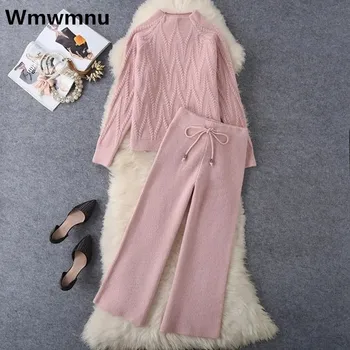 Jesień Wiosna Dzianina 2-częściowe zestawy Sweter z półgolfem Topy Strój Dzianina Spodnie z szerokimi nogawkami Trajes Dzianiny Pulowery Dresy