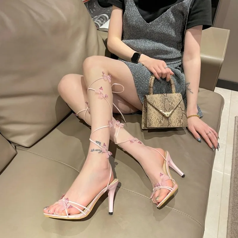 High Heels New Fashion All Match Butterfly Temperament Sexy High Heels Sweet Thin with A Word Thin Belt Sandals Woman