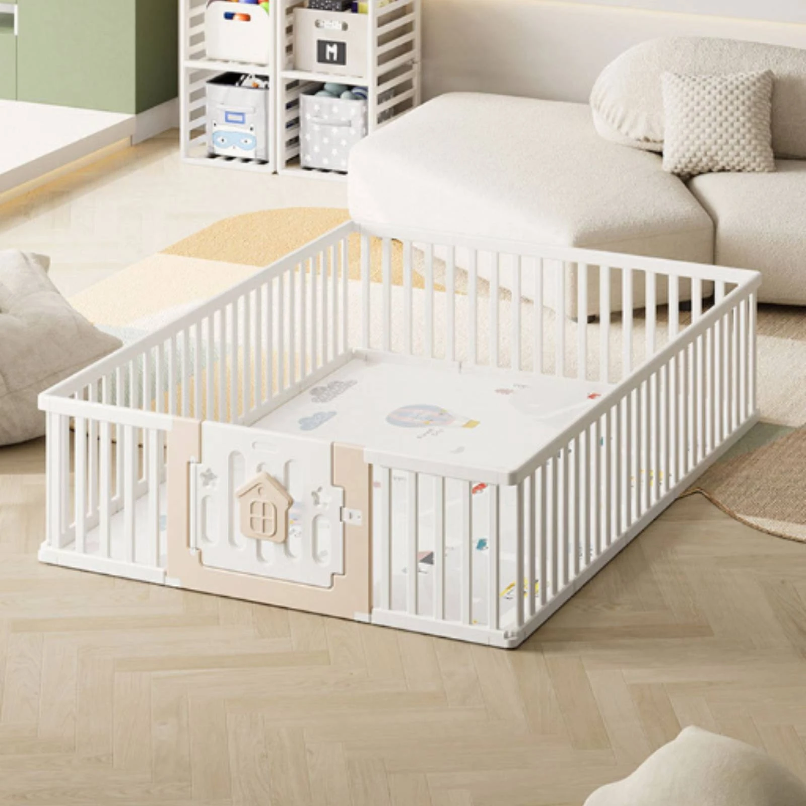 Baby Playpen with Gate Spacious Indoor Playpen Play Yard Easy to Assemble Furniture Low-Profile for Babies, Living Room