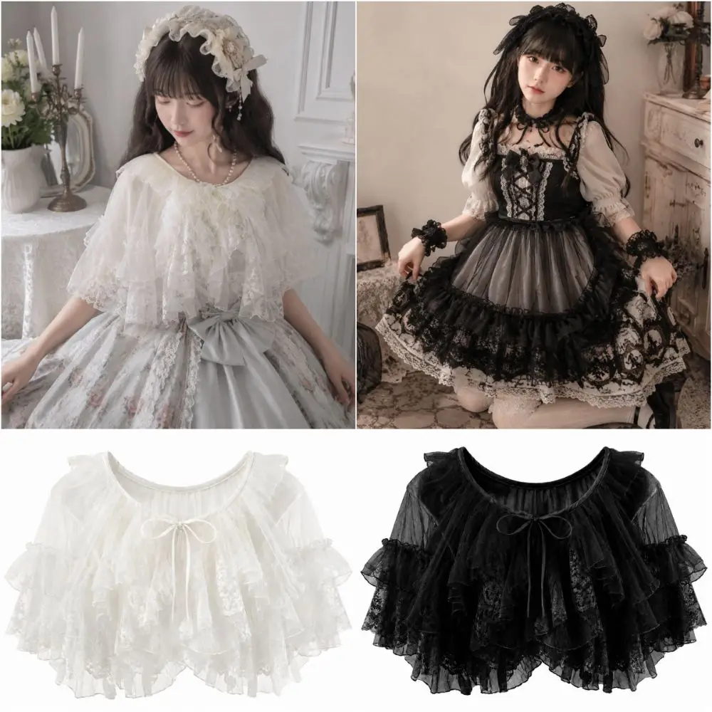 

Versatile White Black Lolita Short Shawl Ruffles Sheer Lolita Skirt Photo Props Cosplay Ace Mesh Skirt Women