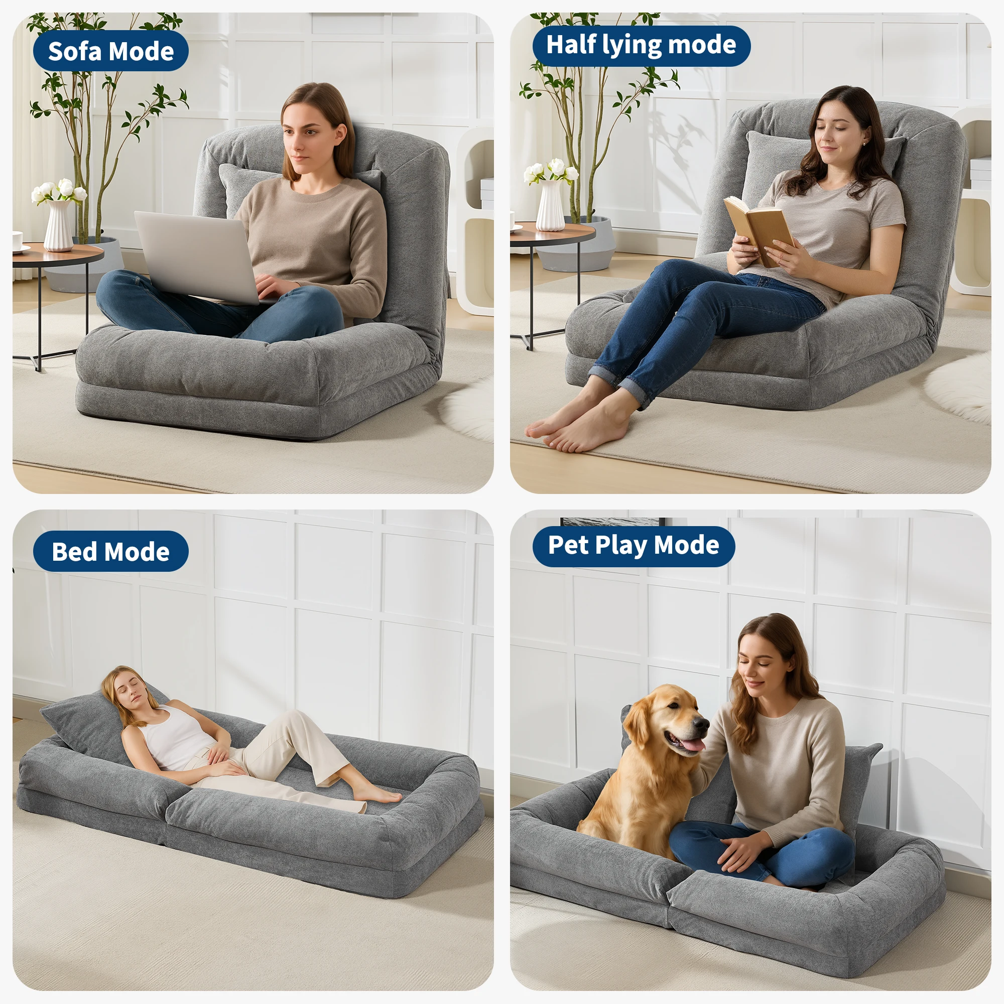 Human Dog Bed for Adult and Pets, Convertible Floor Lounge Chair, 5 Adjustable Positions, 2 Pillows, Chenille Grey