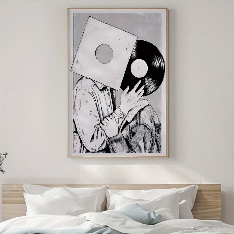 1 pièce, impression sur vinyle noir et blanc, motif de personnes, art mural sur toile de style moderne, thème amour, sans cadre, utilisation intérieure, maison, bureau
