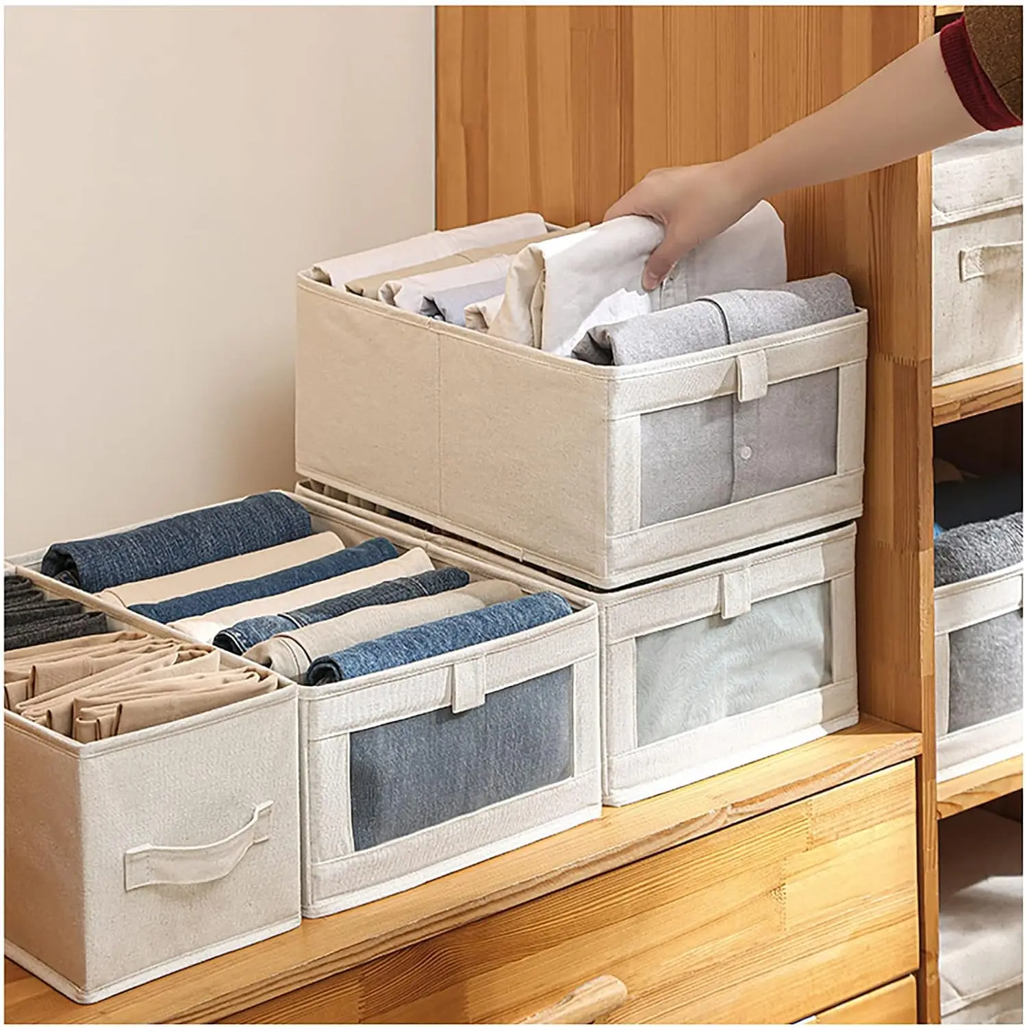 5Pcs Visual Window Cotton Linen Storage Box Wardrobe Pants Clothing Storage Organization Box Foldable Fabric Storage Box