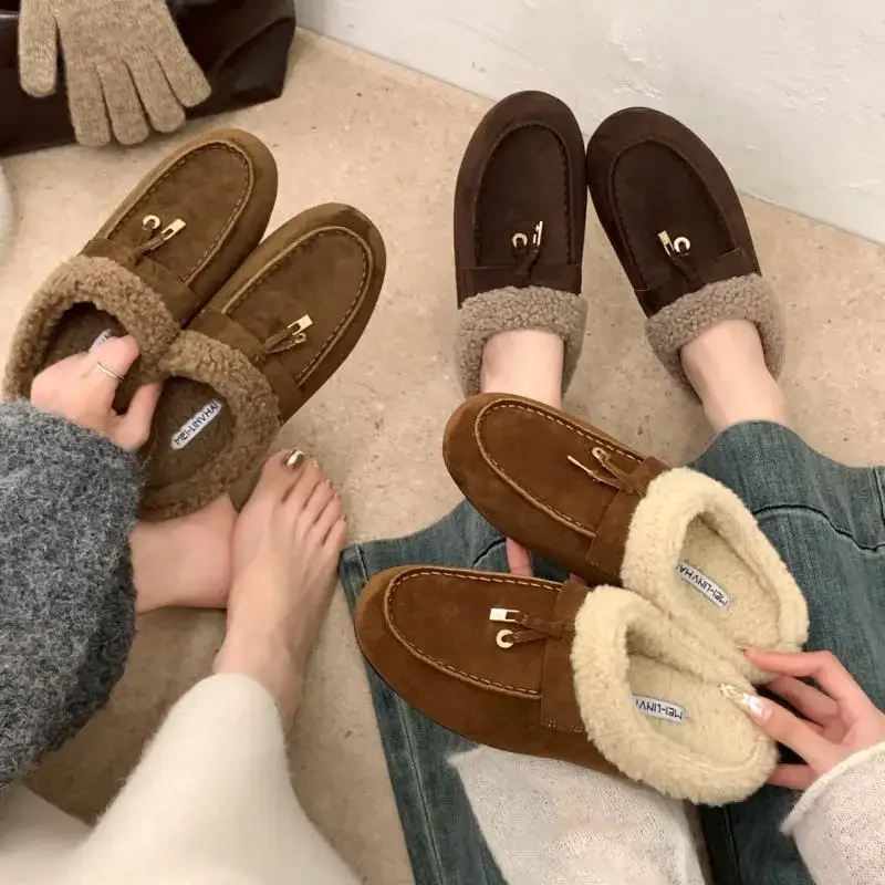 Winter 2026 Comfortable Woman's Warm Lambswool Mules Slippers  Flat Heel Fluffy Fur Indoor Slippers Women Plush Suede Loafers