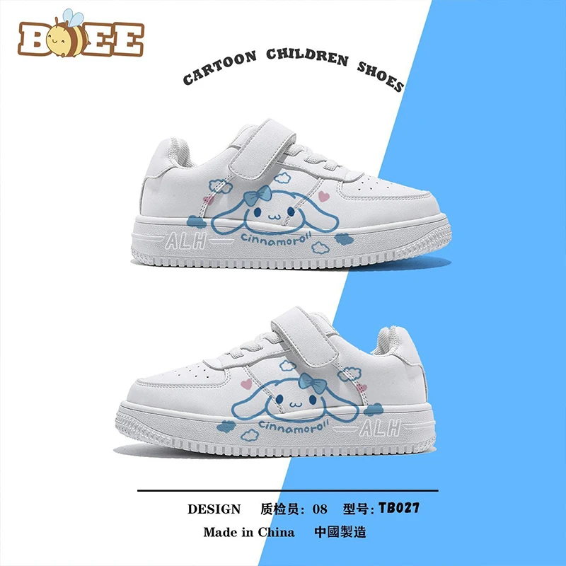 Adorável Cinnamoroll sapatos brancos pequenos para crianças, Anime Kawaii Sanrio, calçados esportivos finos e respiráveis dos desenhos animados, sapatos bonitos, presente infantil, verão