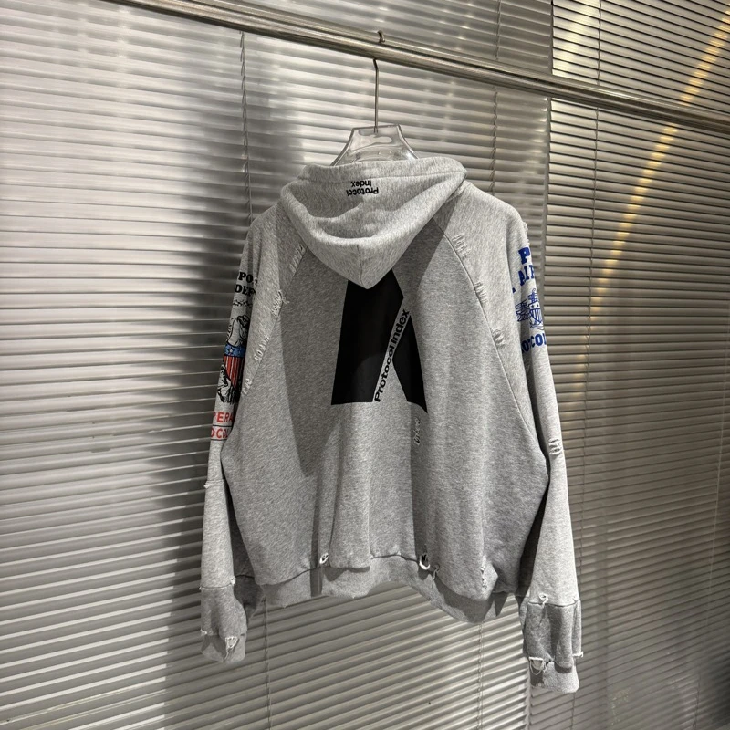 2026ss Protocol Patchwork Hoodie Vintage Hip Hop Damaged Cardigan Sweatshirts Men Women Hooides