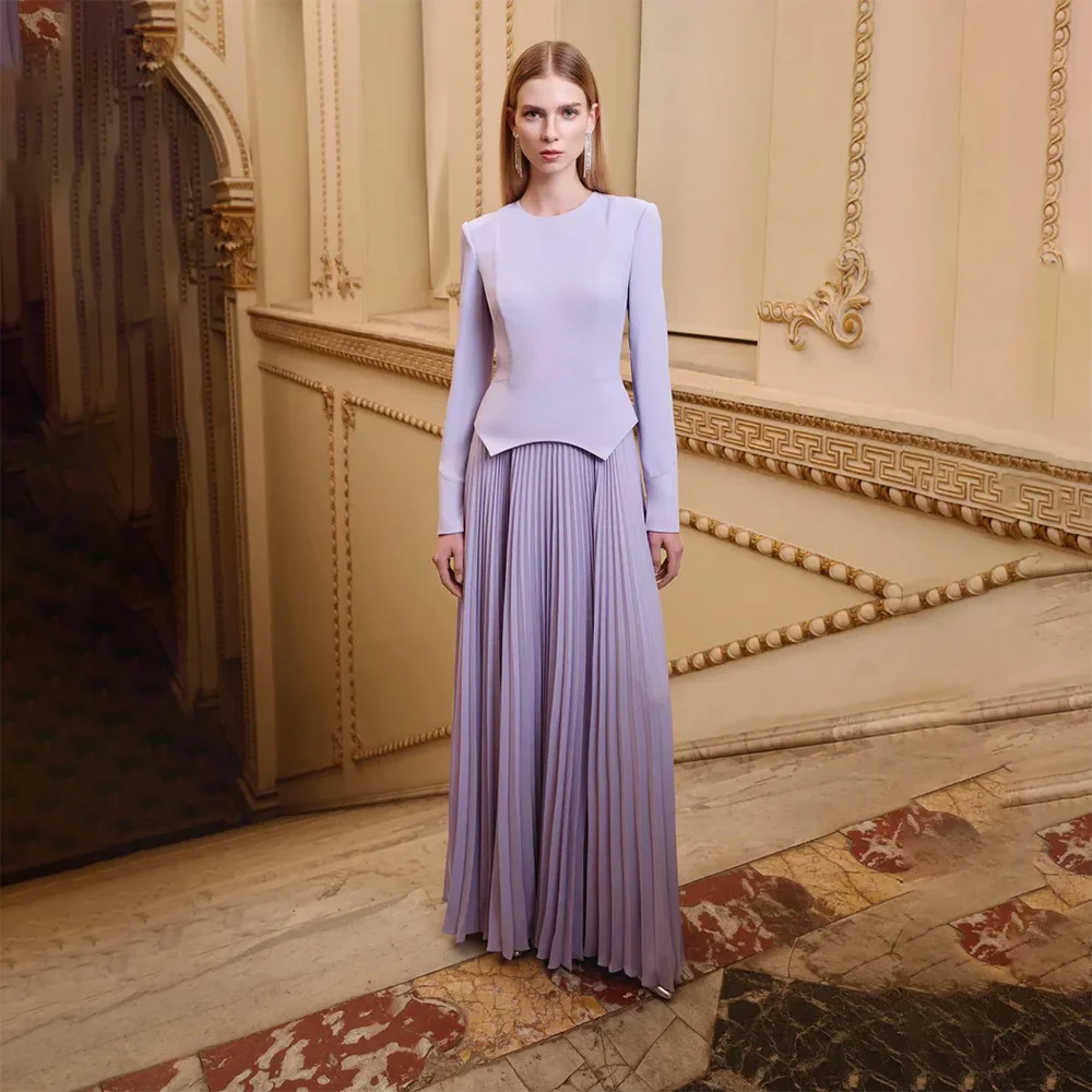 

Elegant Lilac Evening Dress O-Neck Long Sleeves Jersey Evening Gowns Floor Length A Line Formal Party Dresses Customized