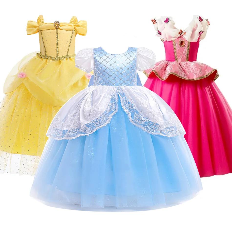 

Princess Dress For Girl Belle Costume Cinderella Sleeping Beauty Dress For Kids Pleated Belle Halloween Rose lace Carnival Dress