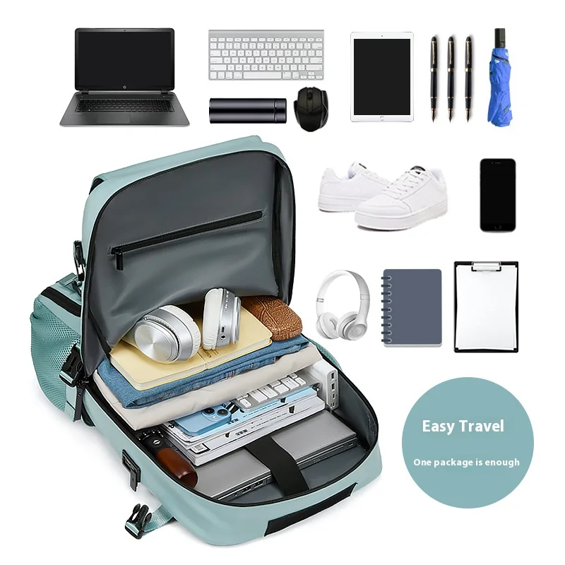 大型旅行バックパック、機内持ち込み可能、USB充電ポート付き、防水、アウトドア旅行用バックパック、独立シューズコンパートメント
