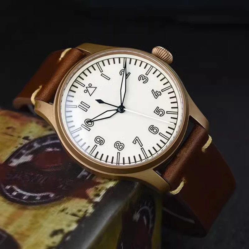 Hruodland F021 Bronze Pilot Watch Automatic Mechanical PT5000 SW200 Movement Sapphire Crystal Brown Leather 40mm Dress Watches