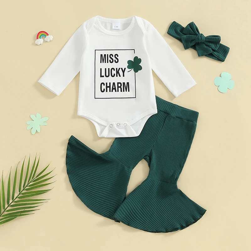 Baby Girl Boy St. Patricks Day Outfit Shamrock Print Long Sleeves Romper Elastic Flared Pants Headband Set Cute Baby Clothes