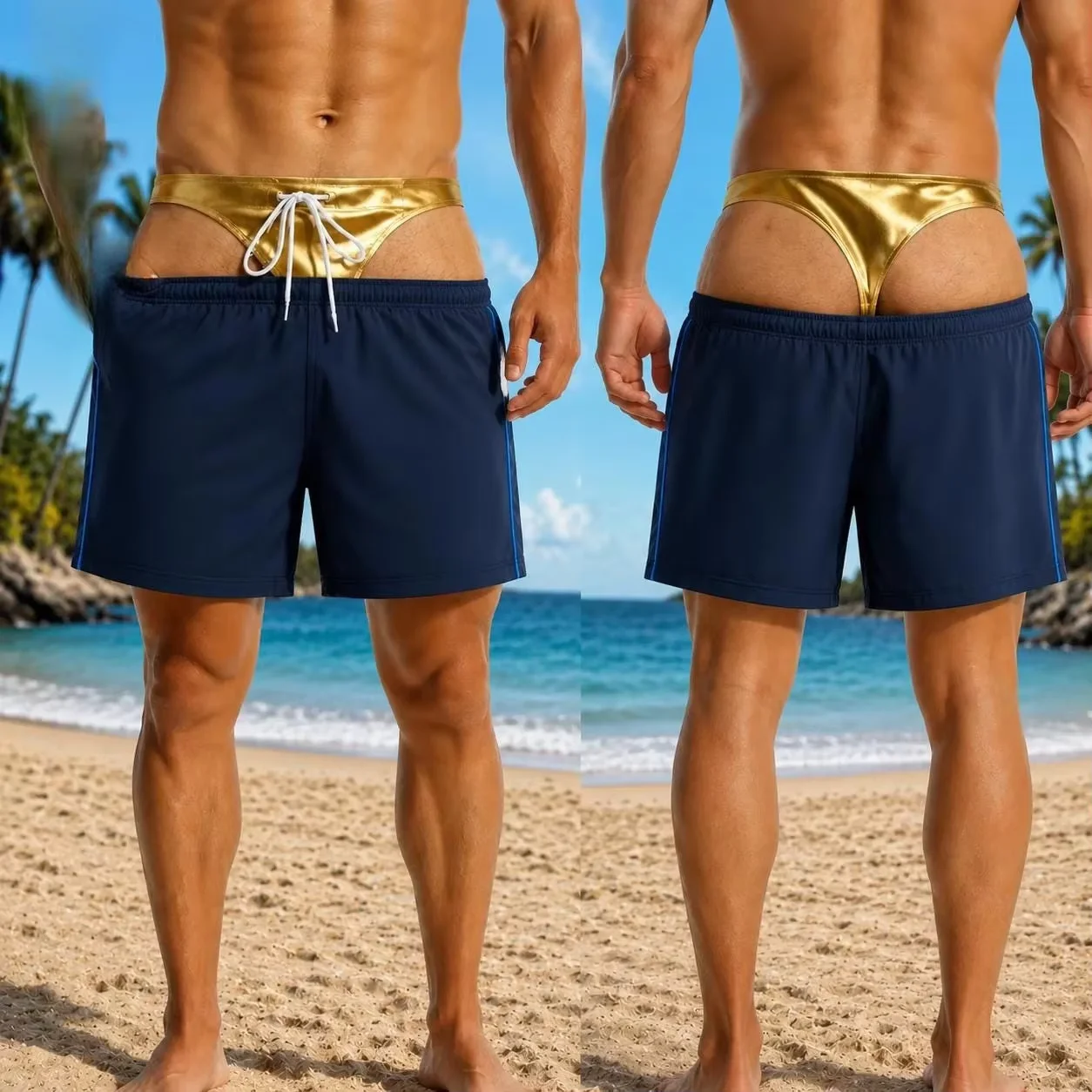 Funny Men's Swim Shorts, Fake Underwear Print Beach Trunks, Hilarious Gag Gift for Him, Summer Pool Party Vacation Outfit Shorts