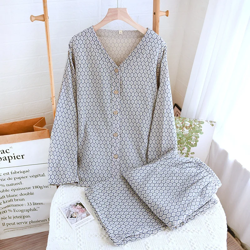 Pure Cotton V-neck Long Sleeve Trousers Pajama Set Loose and Comfortable Casual Wear Spring Geometric Cardigan Home Clothing