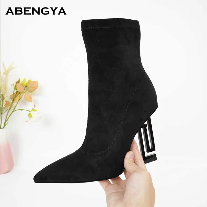 Winter Black Suede Middle Calf Boots Women Pointy Toe High Heels Short Ankle Boots Designer Sexy Party Chelsea Boots For Women