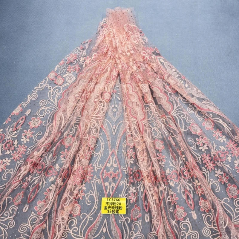 10 Yards Pink Patterned Wedding Dress Fabric with Mesh Gold Spray Lace 150cm Wedding Party Spray gold Tull Not shedding powder