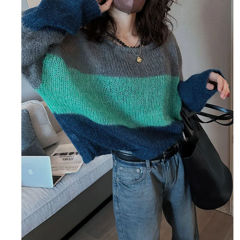 Female Loose Fashion Round Neck Striped Knitted Pullovers Autumn Winter Women's Clothing Long Sleeve All-match Patchwork Sweater