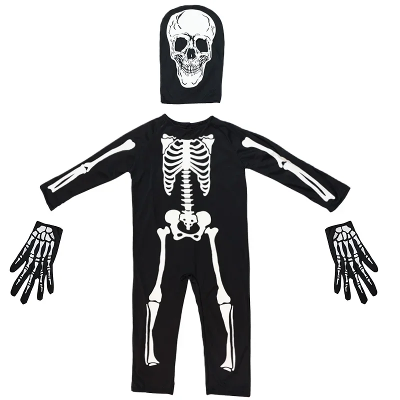 Terrifying Halloween Horror Hooded Costume Terrifying Reaper Costume Printed Skeleton Long Sleeved Jumpsuit Carnival Party view 6