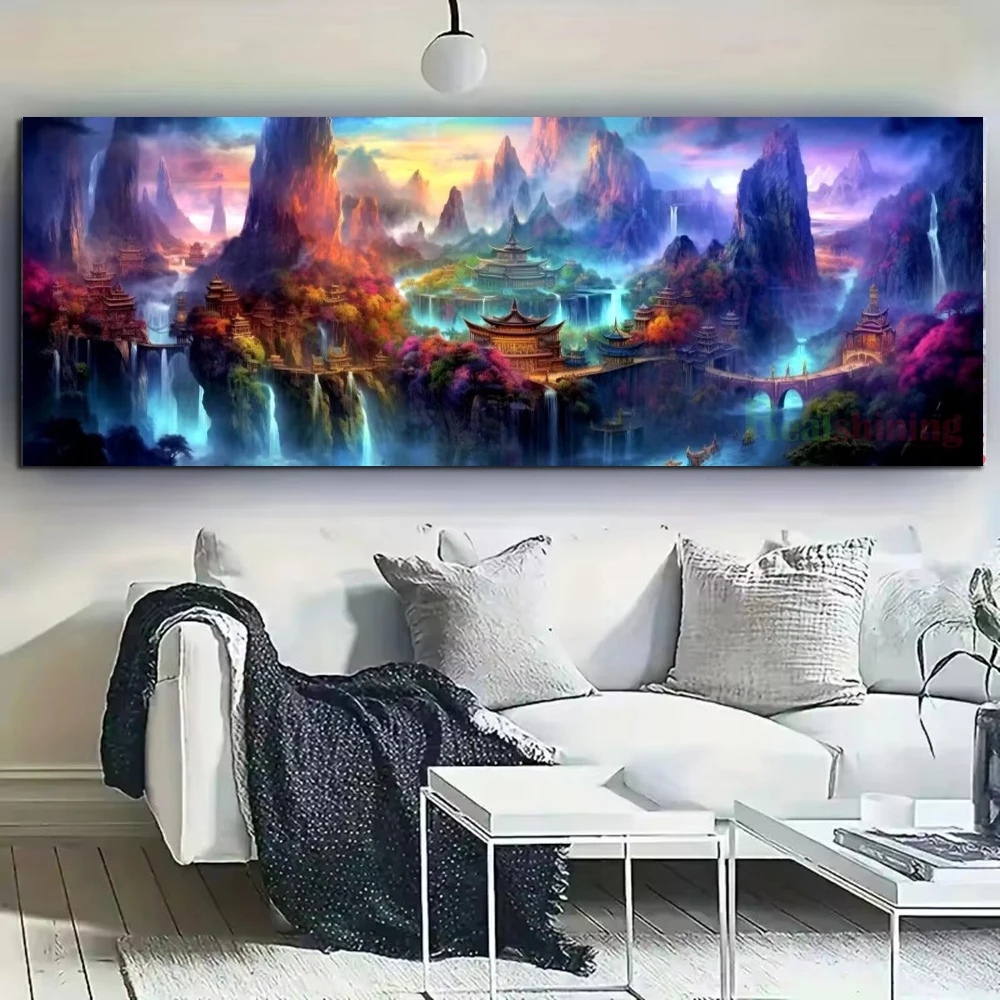 Mysterious Wonderland Large 5D Diy Diamond Painting Cross Stitch Waterfall Foggy Hill Temple Full Rhinestone Mosaic Embroidery