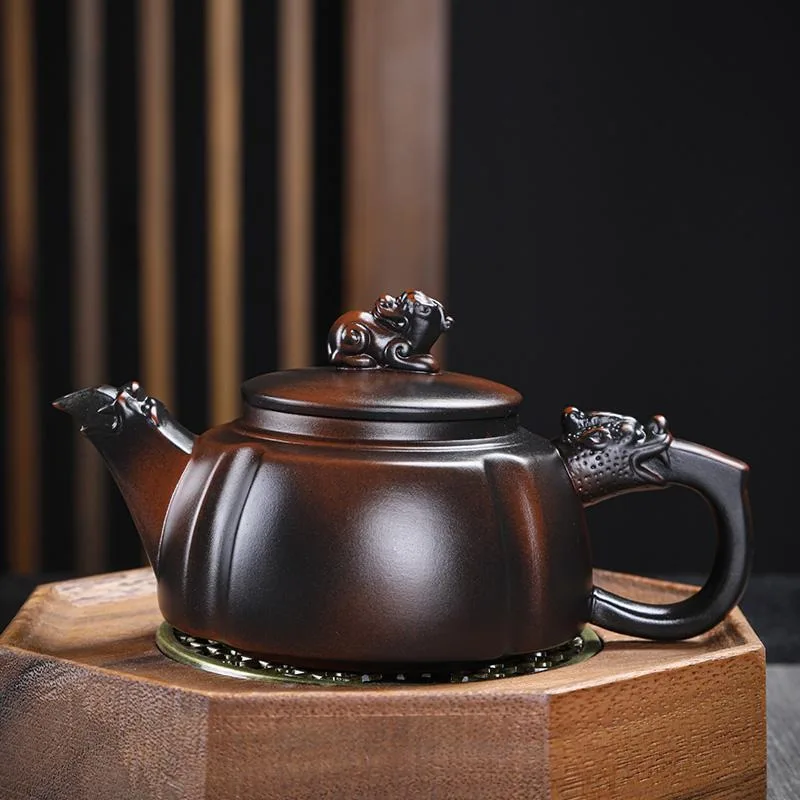 

Purple Pottery Retro Tea Pot Handmade Square Pixiu Large Capacity Tea Pot Single Pot High-End Gift Purple Clay Tea Set