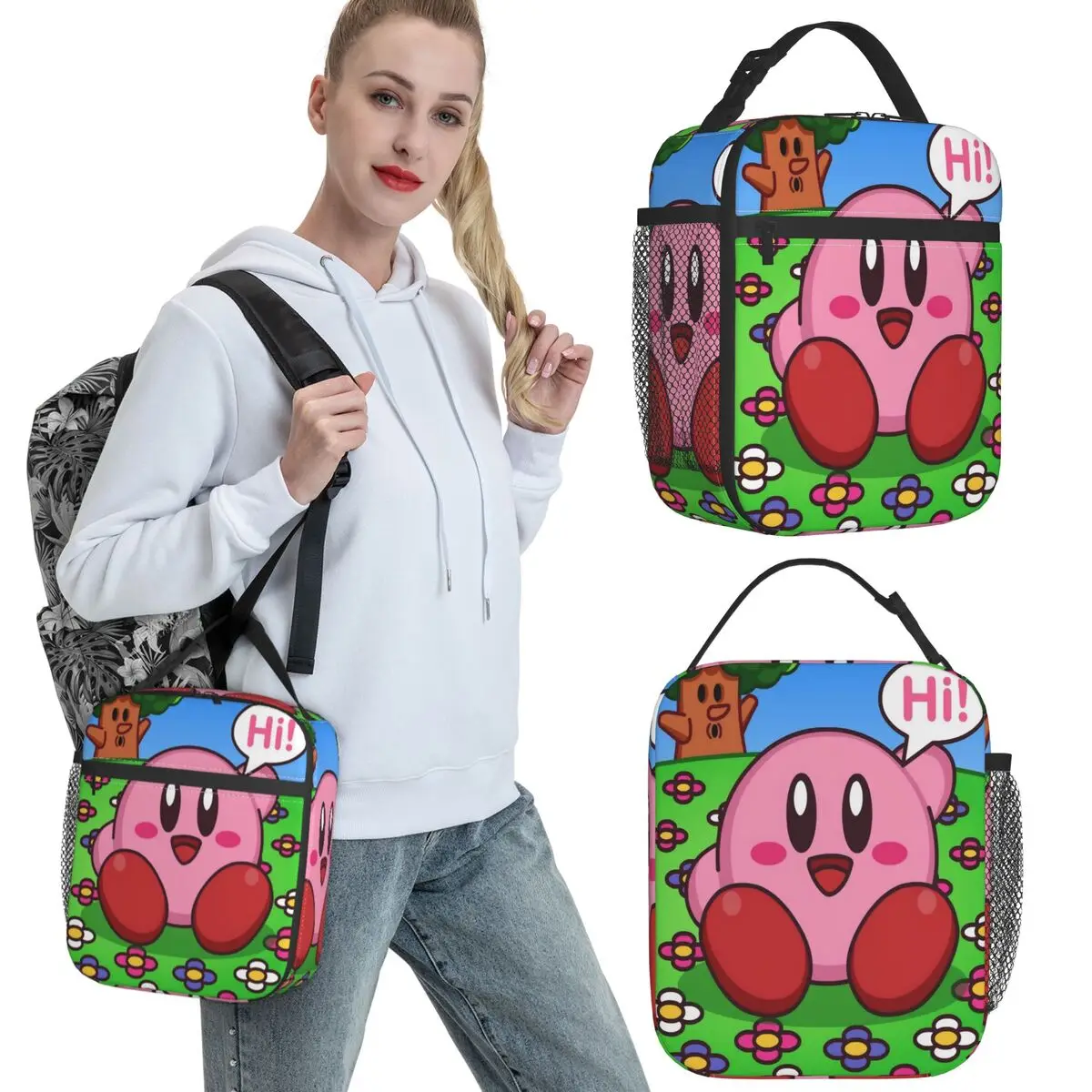 

Pink Kirbys Funny Game Accessories Insulated Lunch Bags For Travel Storage Food Boxes Portable Thermal Cooler Bento Box