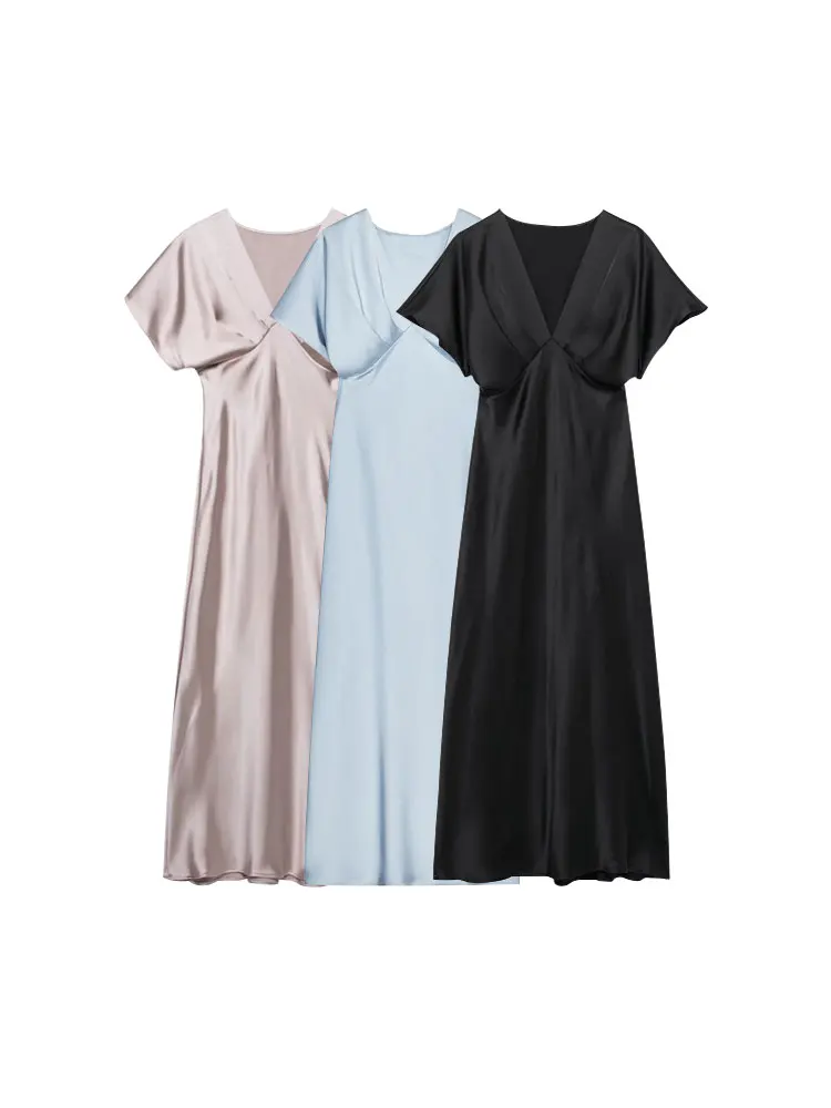 Frauen Mode Ausgestattet Satin Midi Kleid V-ausschnitt Kurzarm Weibliche Kleider Vestidos Mujer