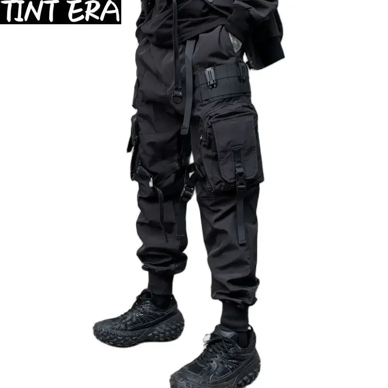 Multi-pockets Ribbons Bandage Tactical Techwear Cargo Pants Mens Harajuku Punk Hip Hop Joggers Pantalons Casual Streetwear