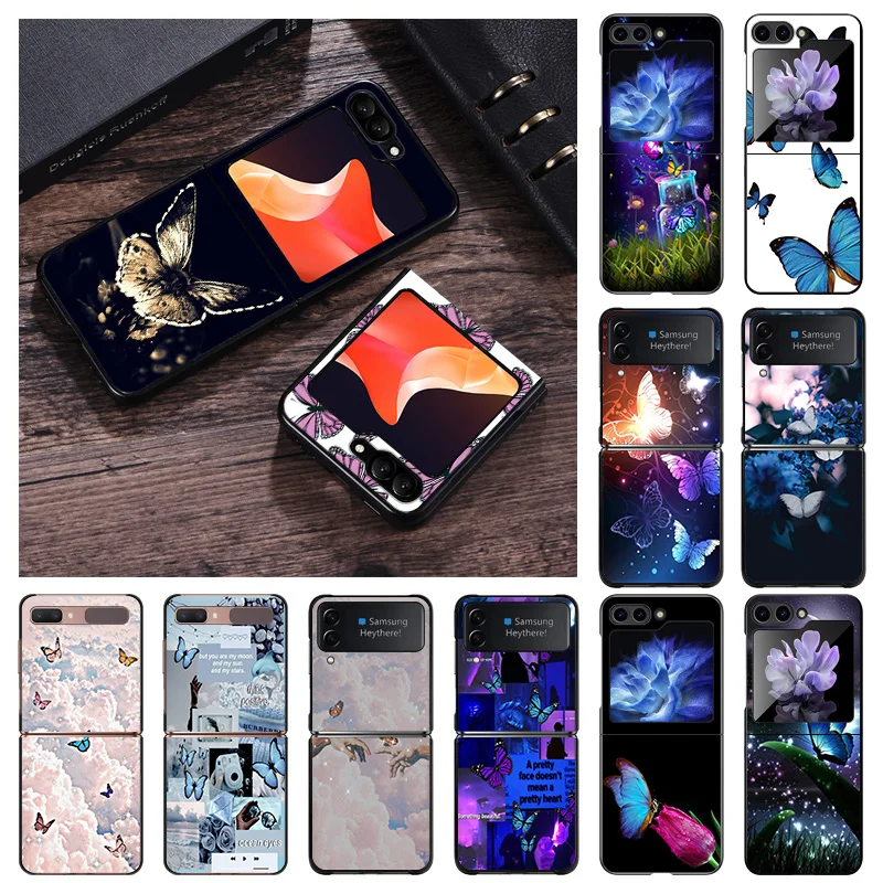 Matte Phone Case For Samsung Galaxy Z Flip6 5G Flip5 Flip4 Flip3 ZFlip 6 3 4 5 Dreams Flower Butterfly Hard Black Cover