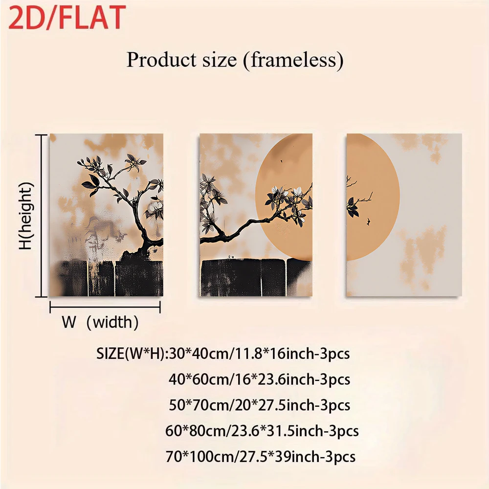 1 set of Neo-Chinese Zen-inspired three-panel frameless decorative paintings: ink wash plant and moon art 2D flat design