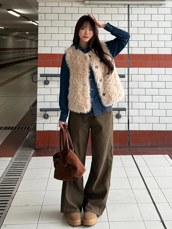 

Коричневые джинсовые брюки в стиле ретро с высокой талией, широкие брюки прямого кроя, женские зимние свободные брюки, брендовые женские джинсы PmORh